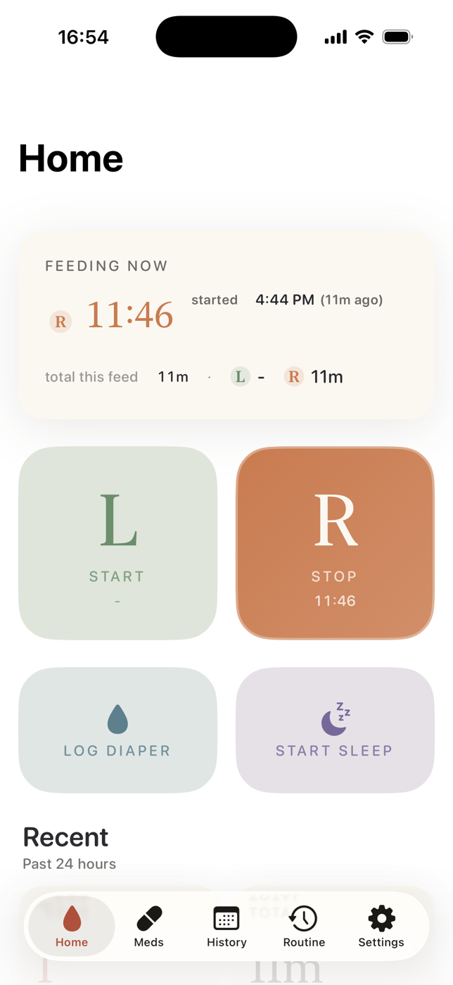 The Hush home screen during a feed: the running-feed card, big L and R nursing buttons with the right side active, and one-tap diaper and sleep buttons.
